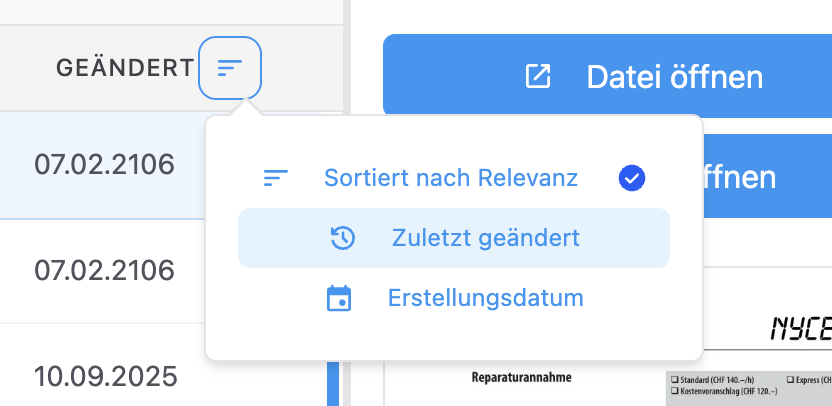 Omnisearch-Oberfläche für Sortierung von Suchresultaten